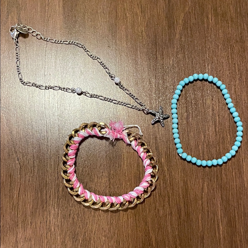 Gold and Pink Chain Bracelet with  starfish bracelet and Blue Beaded Bracelet